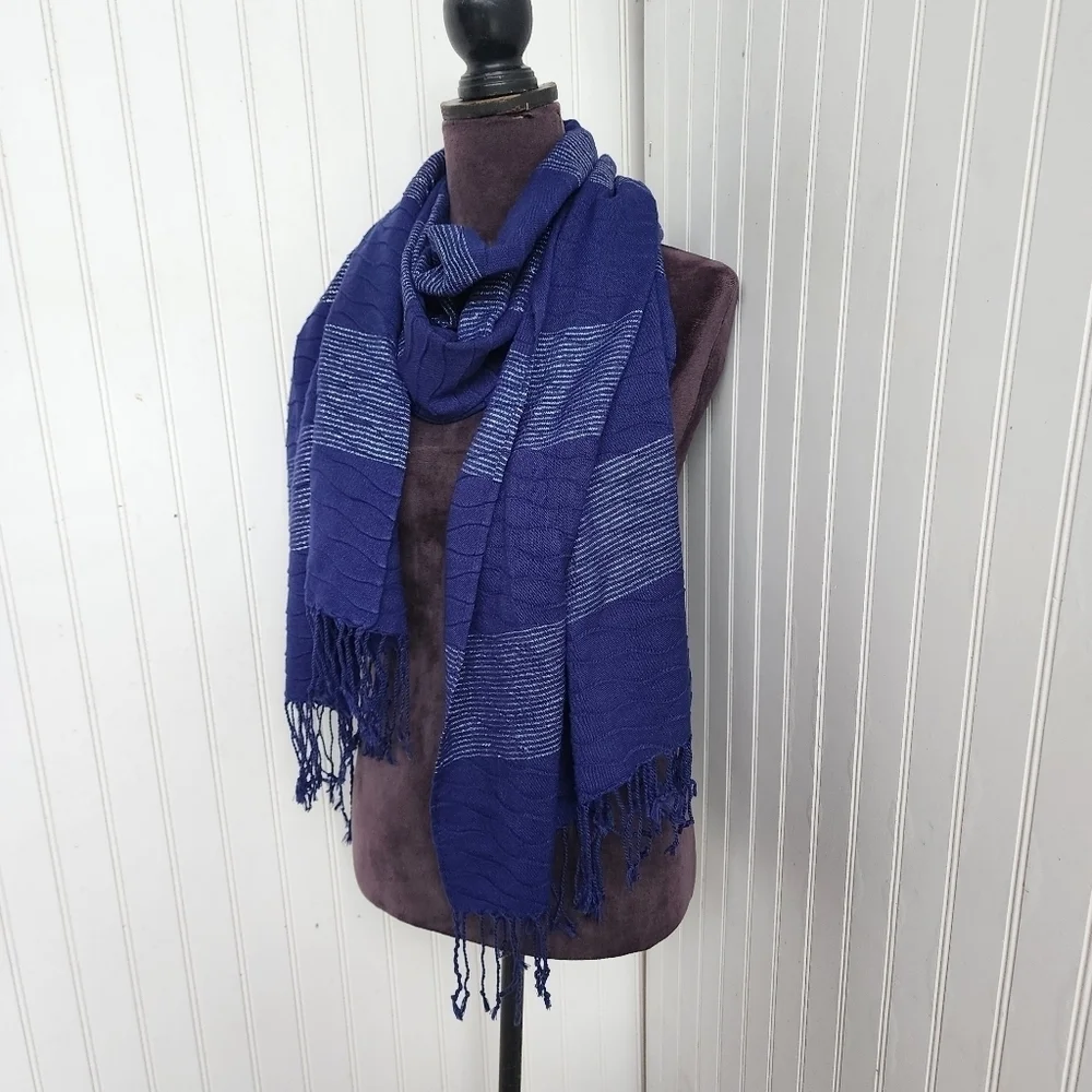 Women's Dark Blue Acrylic Metallic Scarf w/ Fringe 74